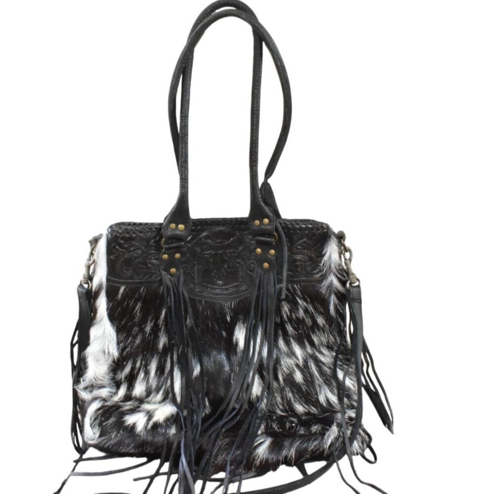 Kobler Furry Cowhide Fringed Bag Black White Tooled Leather Crossbody - Picture 2 of 12